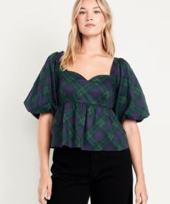 Puff-Sleeve Plaid Poplin Peplum Top
