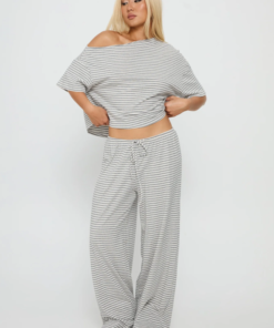 Tobie Off Shoulder Sleep Set Grey Stripe